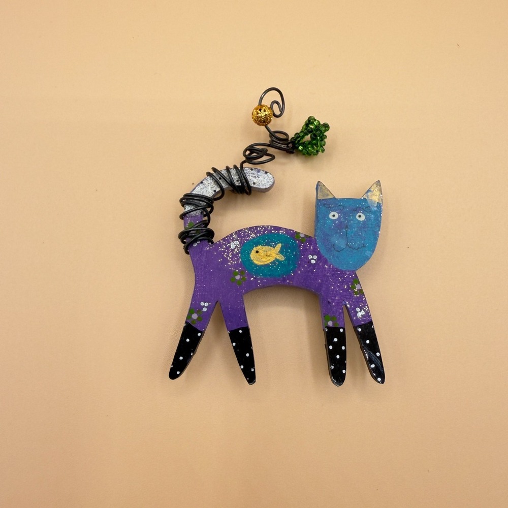 Whimsical Purple Blue Cat Brooch Pin Painted Wood Fish Wire Tail Folk Art Gift